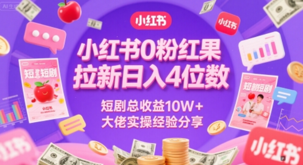 小红书0粉红果短剧拉新日入4位，数短剧总收益10W+大佬实操经验分享-轻合创