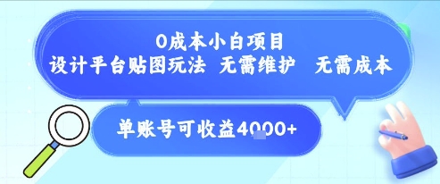 0成本小白项目，设计平台贴图玩法，无需维护，无需成本，单账号单月可产生收益4k+-轻合创