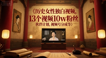 历史女性独白视频，13个视频10w粉丝，伙伴计划，视频号分成等-轻合创