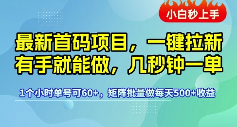 最新首码项目，一键拉新有手就能做，几秒钟一单，1个小时单号可60+，矩阵批量做每天5张【揭秘】-轻合创